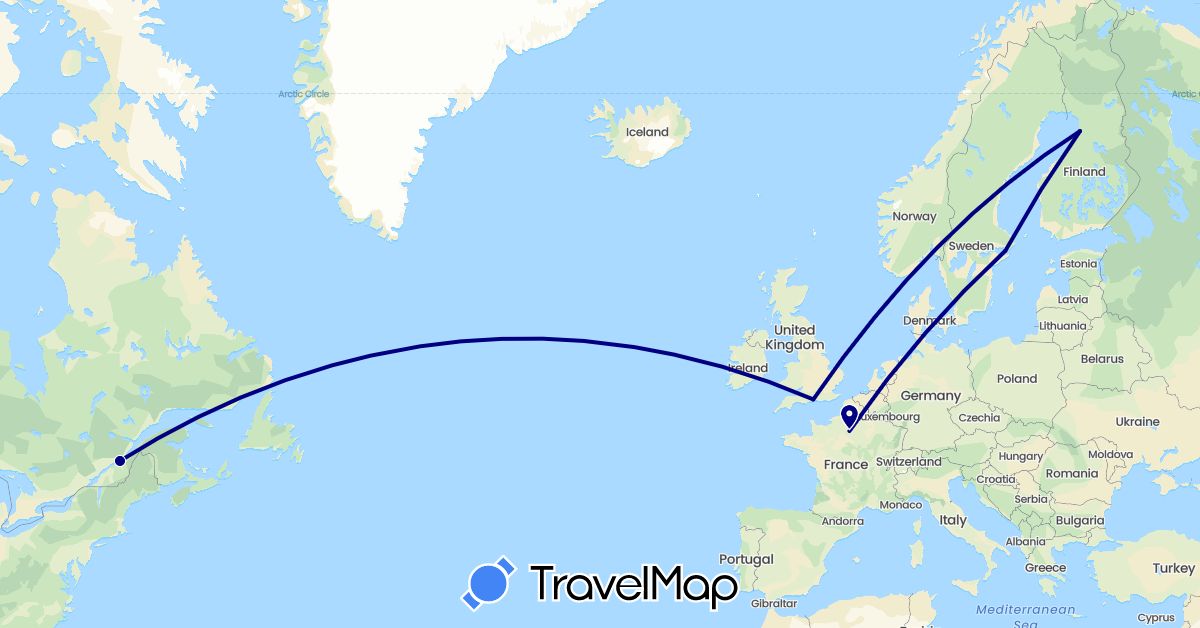 TravelMap itinerary: driving in Canada, Finland, France, United Kingdom, Sweden (Europe, North America)